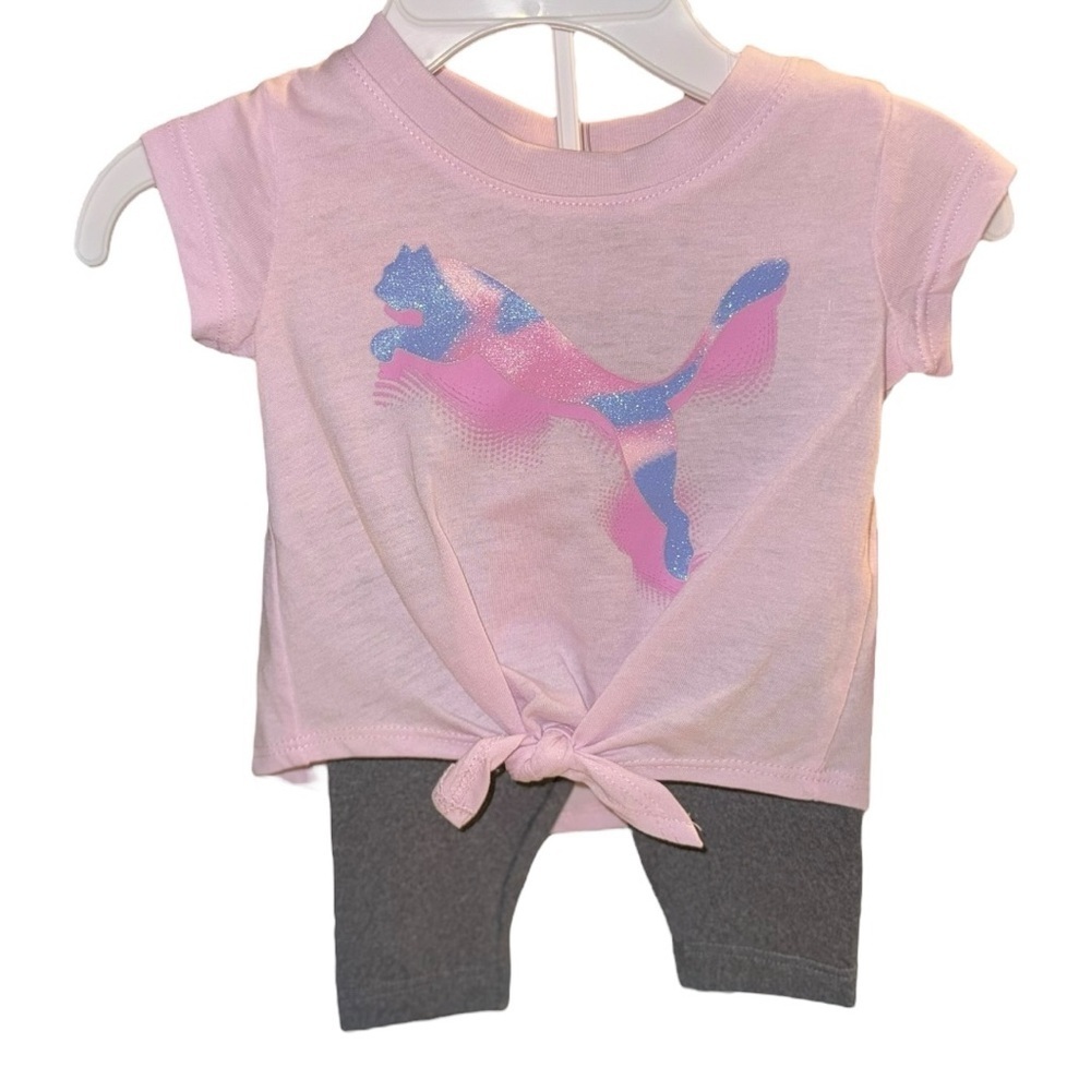 PUMA Baby Girls 2-Piece Outfit Set 0-3M Pink Glitter Logo Top & Capri Leggings